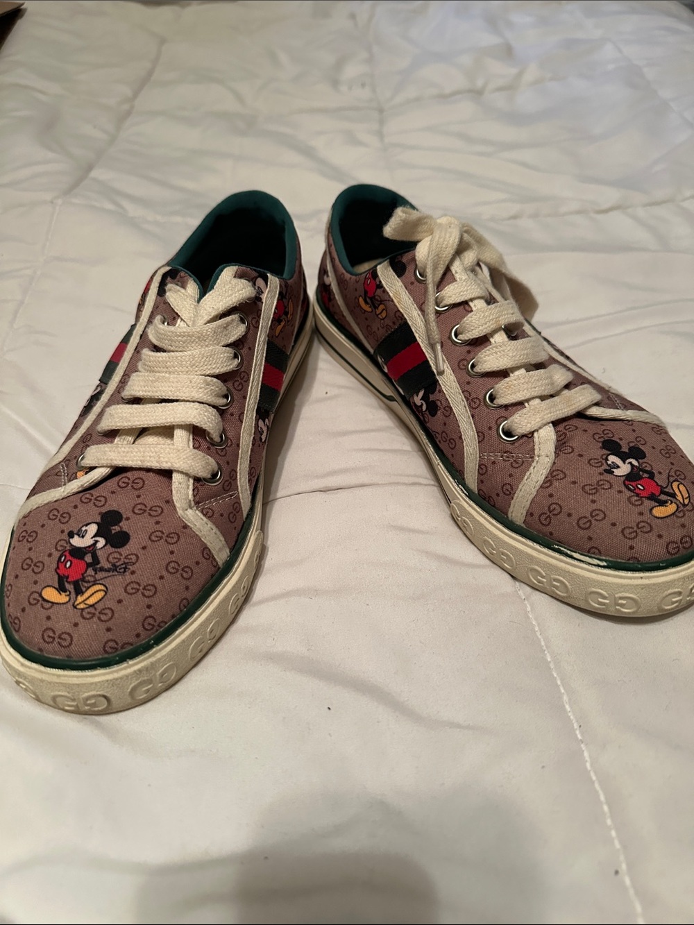 Gucci Brown Mickey Mouse GG Canvas Low-Top Sneakers with Red & Green Web